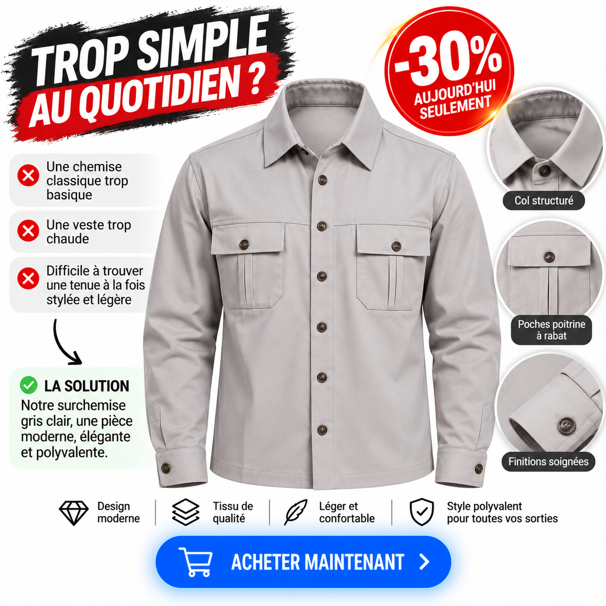 Surchemise Gris Clair — -30% 🔥