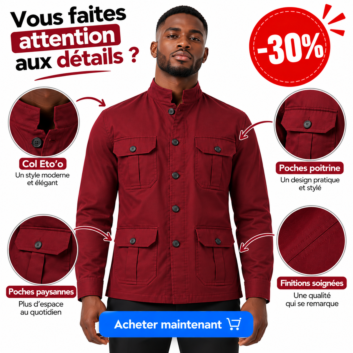 Surchemise Rouge Bordeaux Col ETO’O — -30% 🔥
